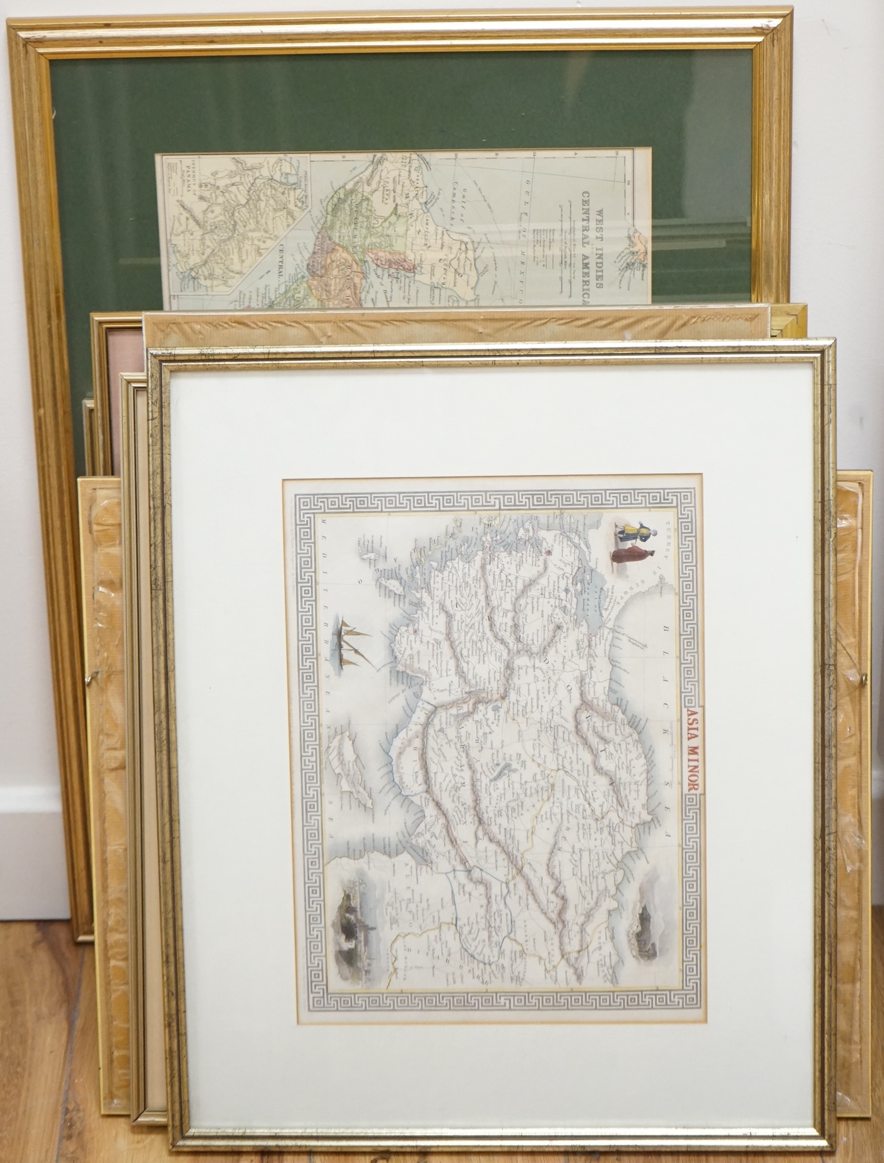 Twelve antique and later maps, to include Northern Africa from John Tallis's Illustrated Atlas published 1851, Natal and Kaffrari from the same atlas and one of Asia Minor, drawn and engraved by J. Rapkin